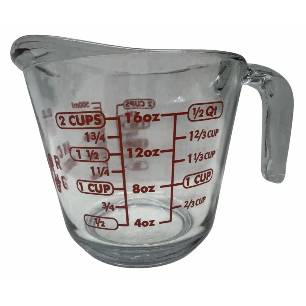 Anchor Hocking 2 Cup Glass Measuring Cup‎ Red Print 16oz 500ml USA Heavy Glass